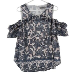 Just‎ Jeans Blouse Womens 10 Blue Paisley Cold Shoulder Ruffle Tunic Top NWT